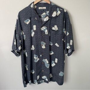 Tommy Bahama Mens XL 100% Silk Shirt Oversized Fit Grey Domino Print Camp Collar